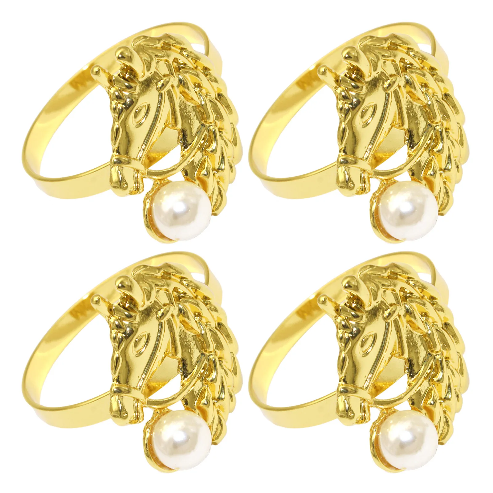 4Pcs Horse-Themed Napkin Rings Metal Fake Pearl Embellished Elegant Table Decor for Lunar New Year Parties Zodiac Celebrations