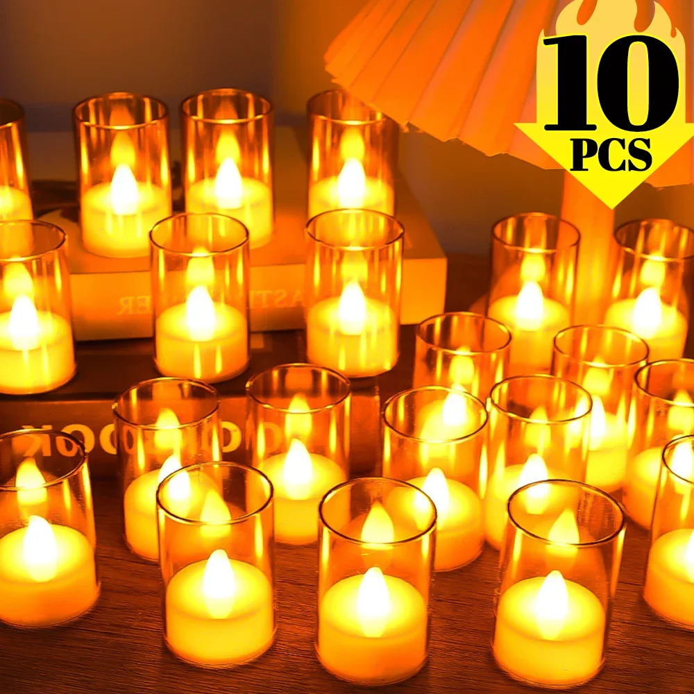 

1/10pcs Led Flameless Electronic Candles Lamp Acrylic Cup Battery Powered Flickering Fake Tealight Candle Warm Light Decor Light