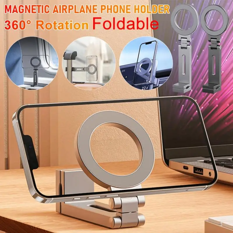 Aluminium Universal Magnetic Phone Holder Travel Flexible Rotation Airplane Phone Mount for Magsafe IPhone15 Pro Max Samsung