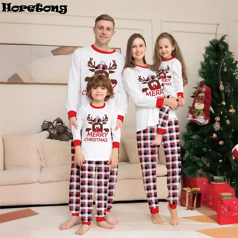 2024 Christmas Matching Family Pajamas Xmas Deer Print Plaid Pjs Adult Child Clothing Outfit Set Baby Jumpsuit+Dog Clothes