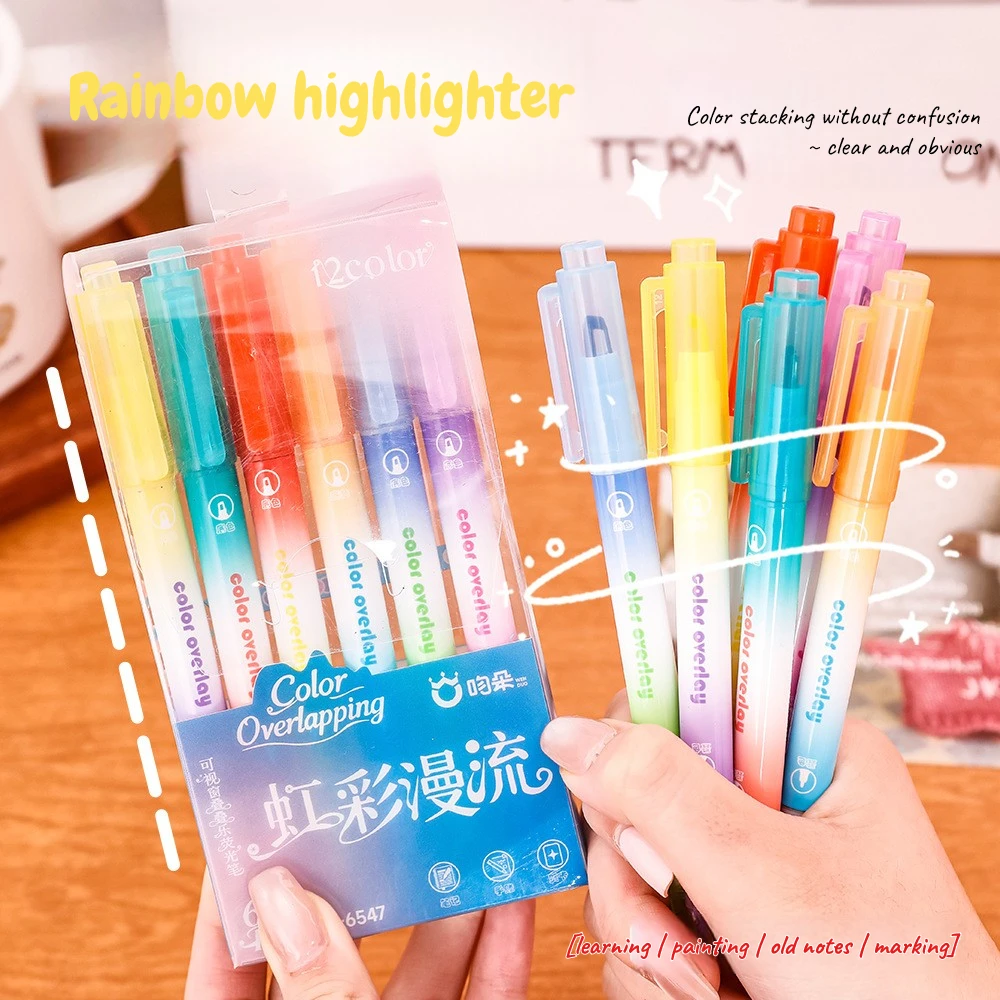 

6Pcs/Box Visual Window Stacked Color Fluorescent Pen 12 Colors Student Key Marking Pen Double Headed Highlighter Marking Pen
