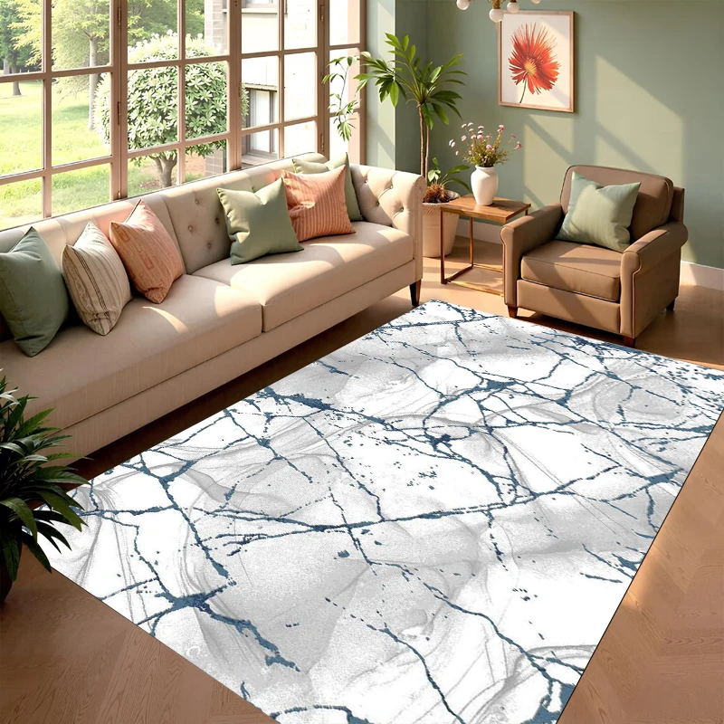 Modern Marble Rectangular Area Carpet Floor White Blue Crack Pattern Abstract Print Carpet Living Room Bedroom Home Decoration