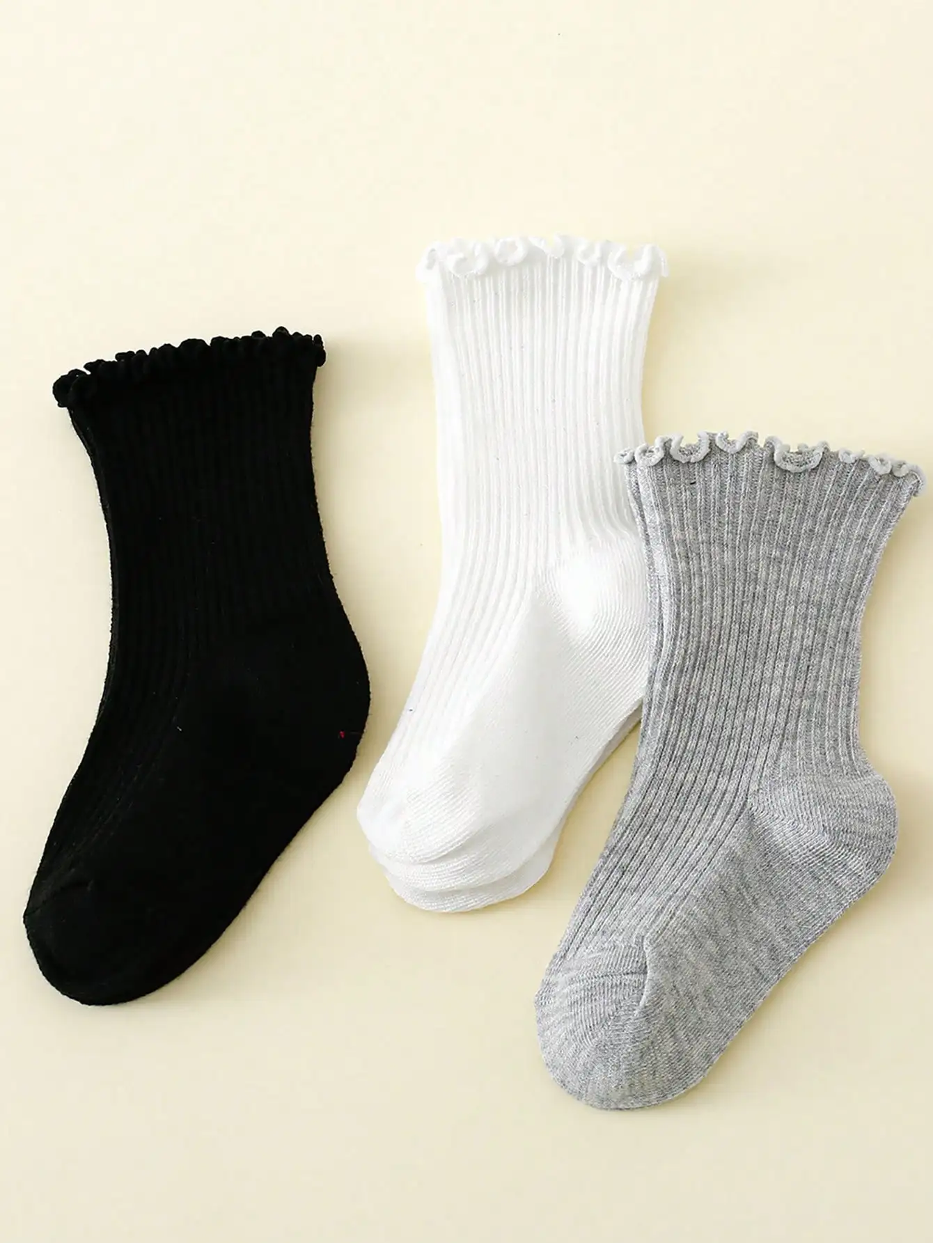 3 Paar einfarbige Kleinkindsocken mit Rüschenbündchen, gerippte, atmungsaktive mittelhohe Mädchensocken, weiche, dehnbare Kinder-Freizeitsocken für alle Jahreszeiten, für 1–12 Jahre – Detail 6