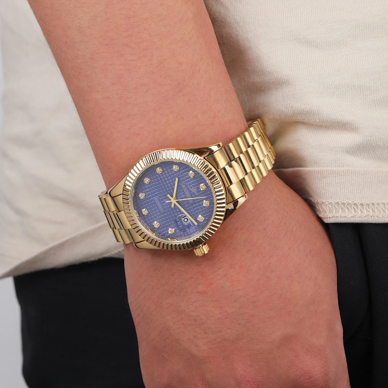 Fashion  Mens Sports Watches Stainless Steel Watchband Business Casual Plaid Quartz Wristwatch Calendar Clock Reloj Masculino