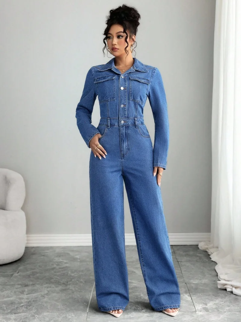 Fashion Denim Jumpsuits Autumn Clothing Women Long Sleeve Button Up Straight Jeans Rompers Playsuits One Pieces Overalls Outfits