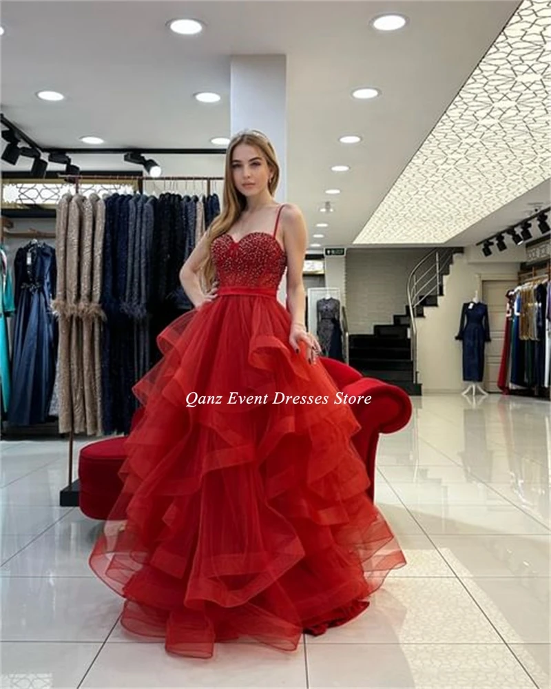 Qanz Vestido De fiesta rojo vestidos De quinceañera tirantes espagueti volantes con cuentas Vestido De tul personalizado De 15 Anos vestidos De fiesta De princesa