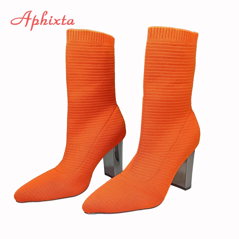 Aphixta 2022 Orange Sock Boots Women 9cm Metal Square Heel Stripe Elastic Stretch Fabrics Kniting Pointed Toe Shoes Plus Size 42