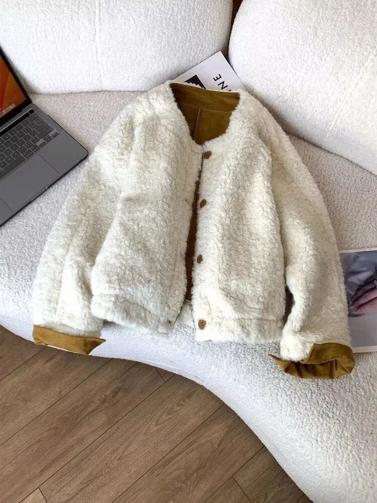 

Утепленная короткая женская куртка с круглым вырезом из искусственного меха под оленью кожу, с имитацией овечьей шерсти, с отворачивающимися рукавами, повседневная, в корейском стиле