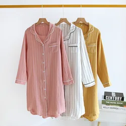 Stripe Simple Nightdress Cotton Gauze Women Nightgown Sleepwear Autumn Long Sleeve Lady Home Dressing Gown Bathrobe Sleepshirts