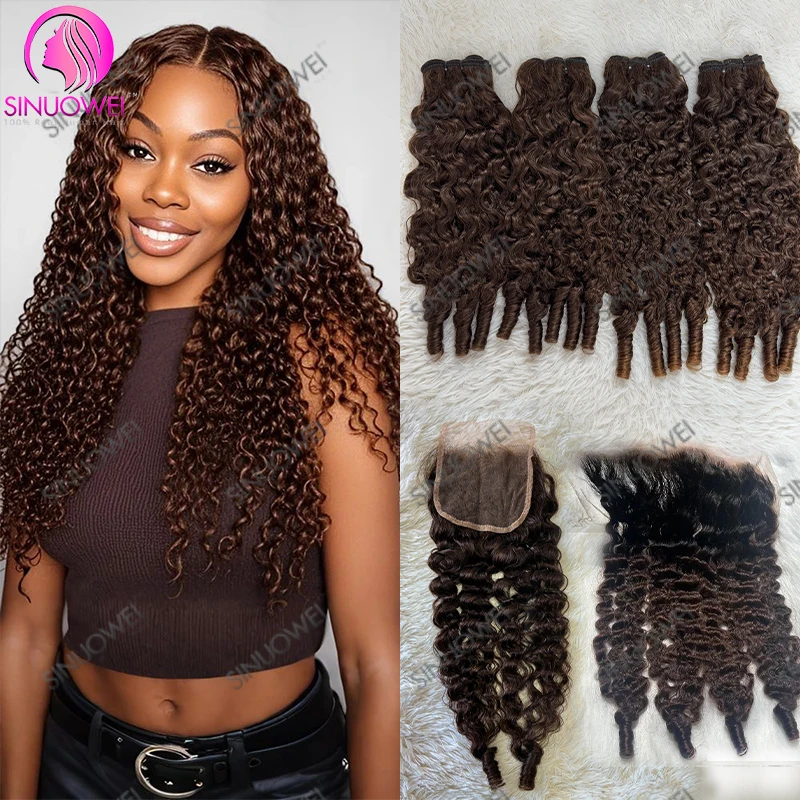 Chocolate Brown Burmese Curly Bundles with 13x4 Transparent Lace Frontal Closure