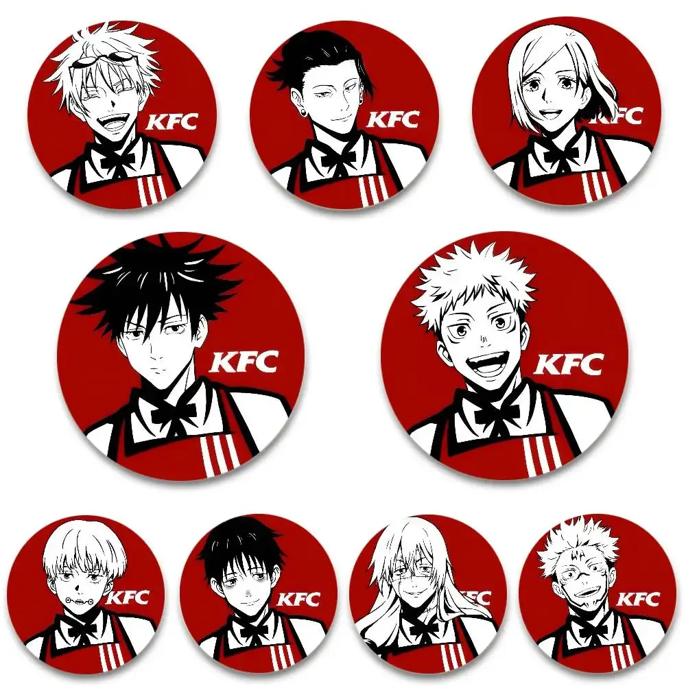 Insignias de parodia de Jujutsu Kaisen de Anime japonés KFC rojo, insignia láser redonda de Anime, broche de dibujos animados, accesorios para mochila, 1 ud.