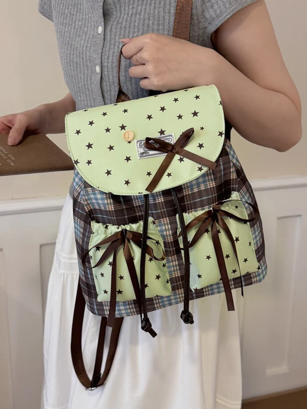 Korean Style Large Capacity Shoulder Bag for Women with Star And Plaid Patterns Sweet  Knot Student Bookbag Casual S...