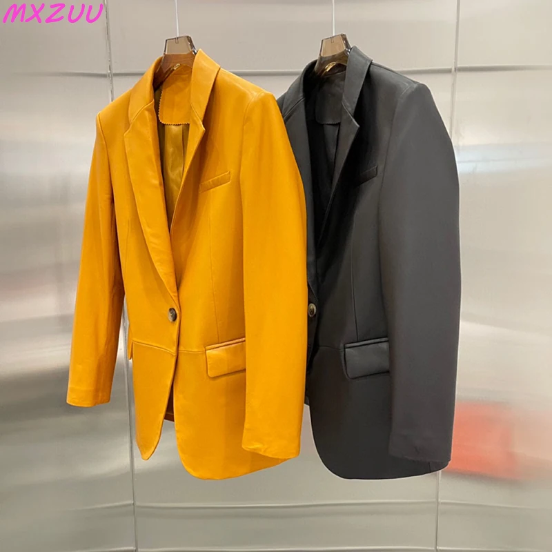 Chaqueta de cuero auténtico para mujer, traje amarillo de manga larga con un solo botón, abrigo suave de piel de oveja, chaqueta elegante ajustada