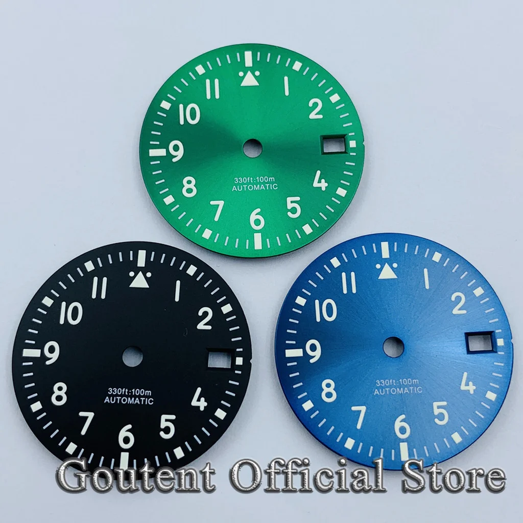 

Циферблат Goutent Blac, сине-зеленый стерильный зеленый светящийся циферблат 29 мм, подходит для часов NH34 NH35 механизм, подходит для короны 3 часа, короны 3,8 часа