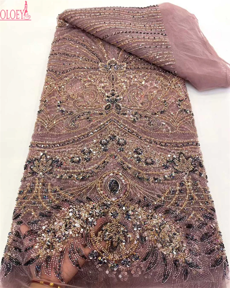 OLOEYUltimo tessuto di pizzo africano con paillettes Tessuto di maglia con perline ricamate in pizzo di alta qualità 5 metri per le donne Festa di nozze Dre