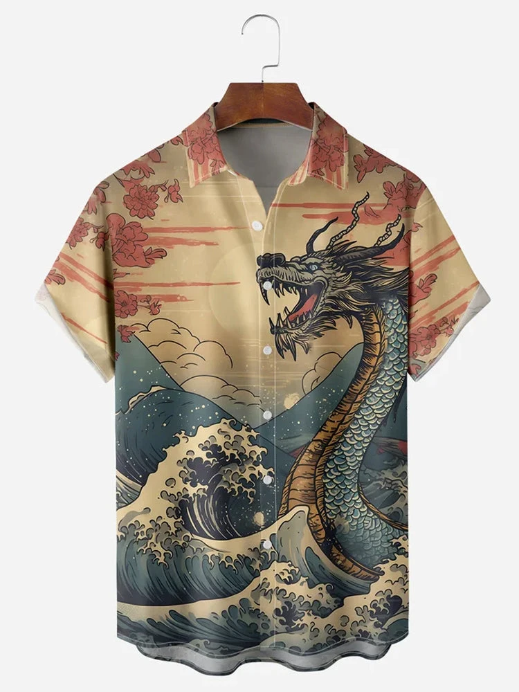 2024 Urban Fashion Men's Short-sleeved Shirt Outdoor Street Men's Casual Shirt Retro Oriental Printed Men's Short-sleeved Shirt