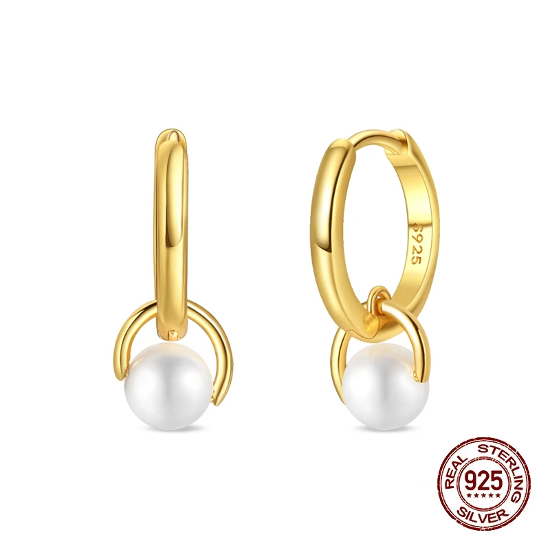 

Серьги-кольца из 100% стерлингового серебра 925 пробы с жемчугом и золотой геометрией для женщин, модные украшения для дня рождения, свадьбы, обручальные украшения