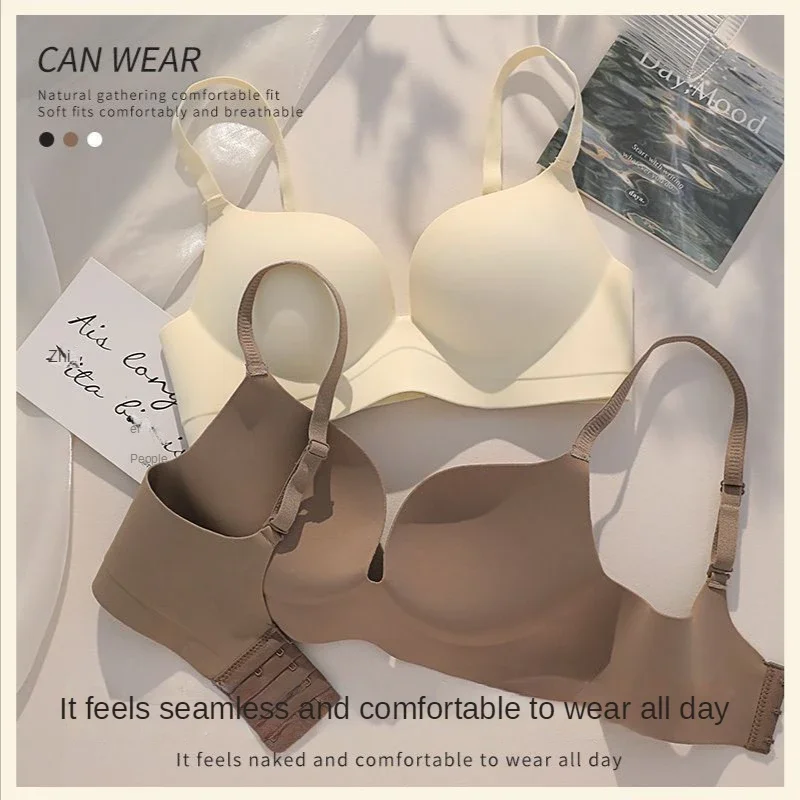 Women Gathered Seamless Lingerie Solid Small Breast Wireless Push Up Bra One Piece Thickened Comfortable Anti Sagging Invisible