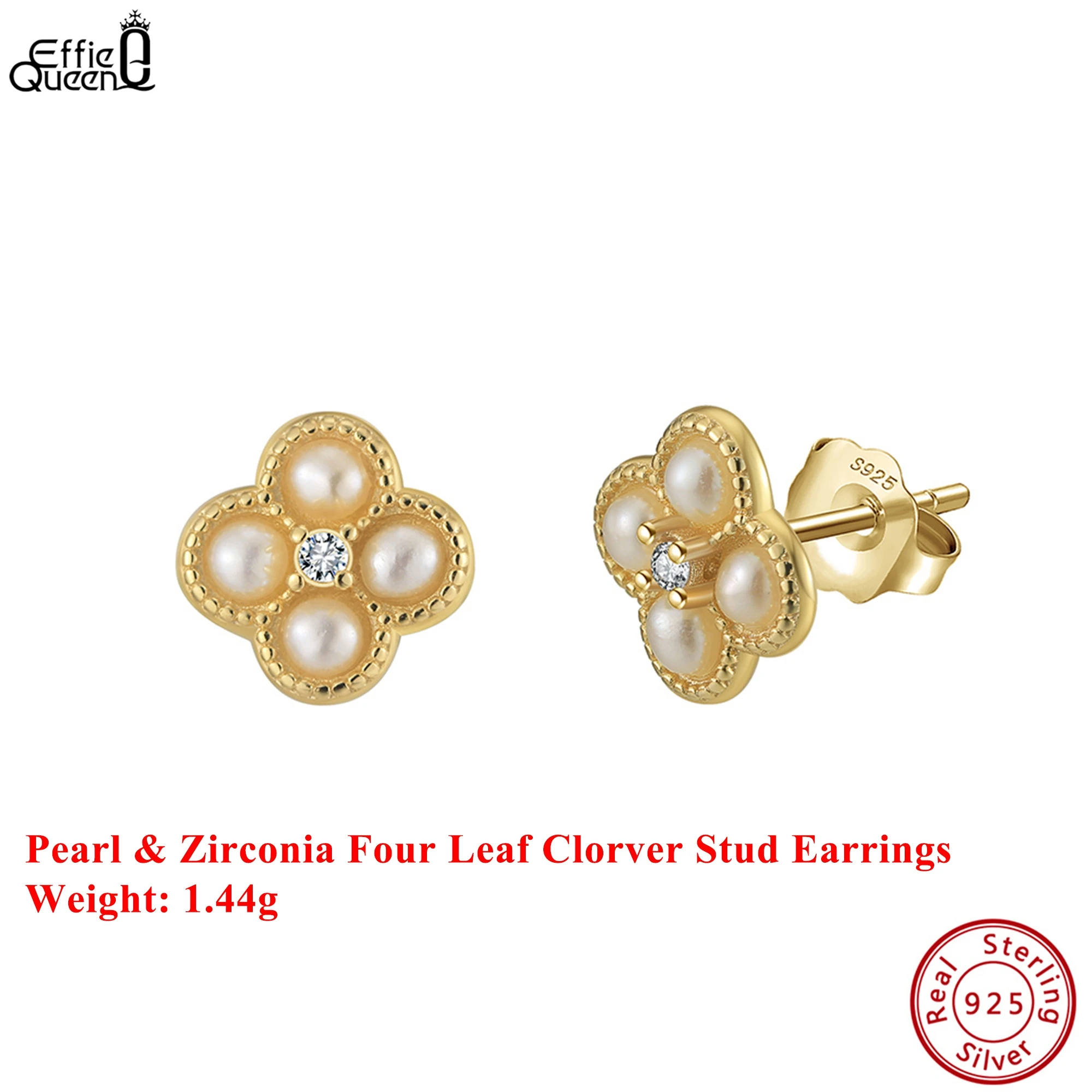 

Серьги-гвоздики Effie Queen из стерлингового серебра 925 пробы, золото 14 карат, четырехлистный клевер, жемчужные серьги, ювелирные изделия на удачу для женщин, трендовые серьги 2025 GPE111