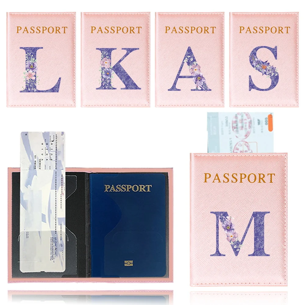 

Passport Cover Pink Color Passport Holder Waterproof Travel Passport Case Printing Purple Flower Series Plane Ticket Card Case