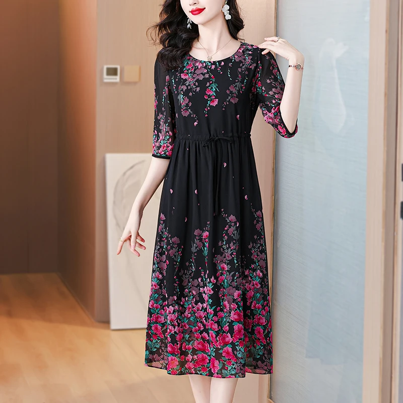 2024 Vintage Black Floral Silk Luxury Midi Dress Women Elegant Bodycon Prom Dress Summer Korean Fashion Party Evening Vestidos