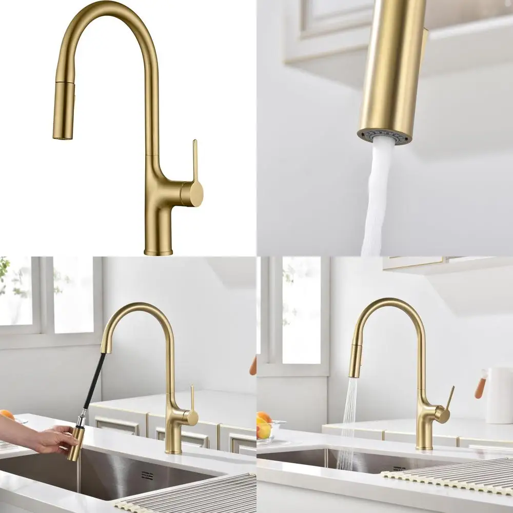 

Pull-Down Spray Dual Handle High Arc Kitchen Faucet in Brushed Gold