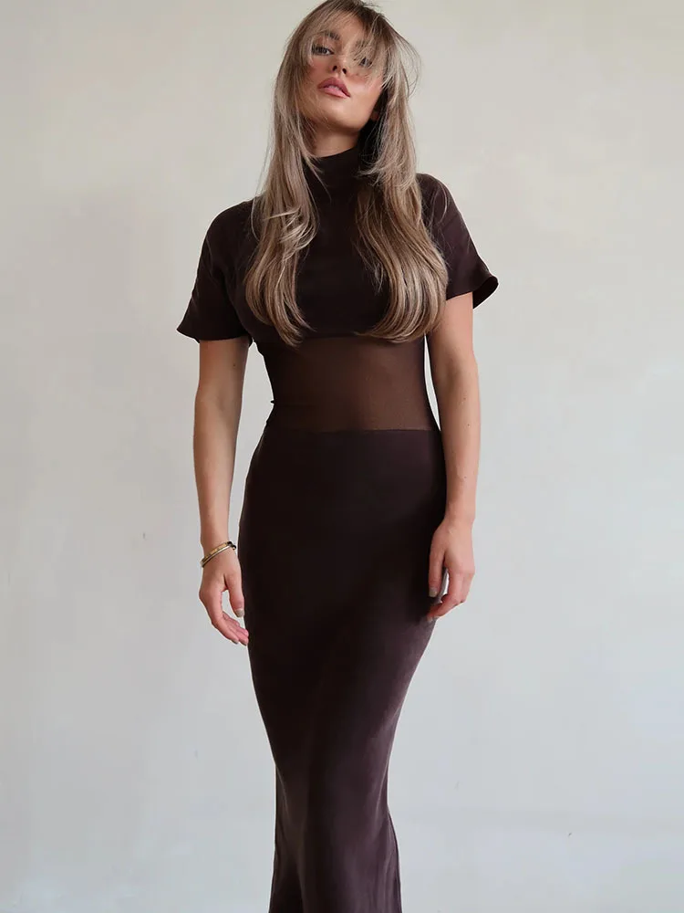 Sukienka maxi Oniflyme z siateczki i satyny, damska, seksowna, z golfem, krótkim rękawem, obcisła, elegancka sukienka na imprezę, vestido