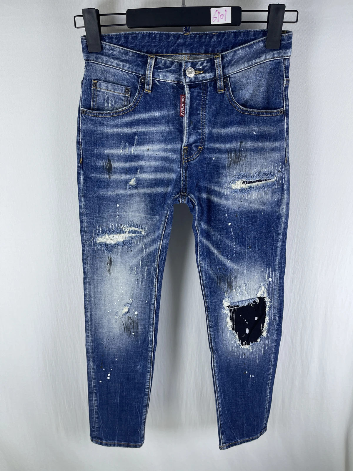 

6064, новые мужские джинсы Four Seasons D2, потертые рваные нашивки, ностальгические ногти синего цвета