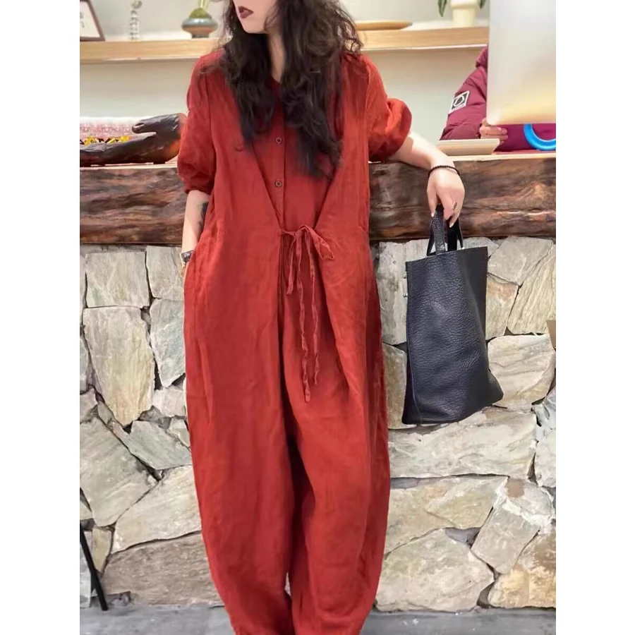 

Early Autumn Design Pure Color Long Sve Onesie Fat MM plus Size Women's Faion Semi-Open Collar Belted Harlan Onesie