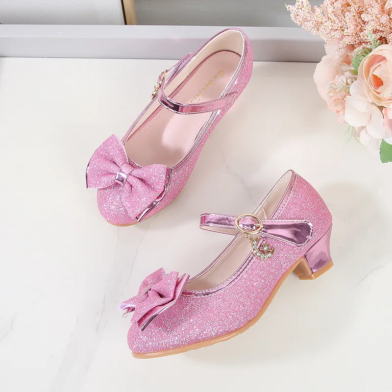 Sweet Kids Leather Shoe Spring Autumn Luxury Girl Shoes Solid Color Sequins Bowtie Children High Heels for Princess Party Causal