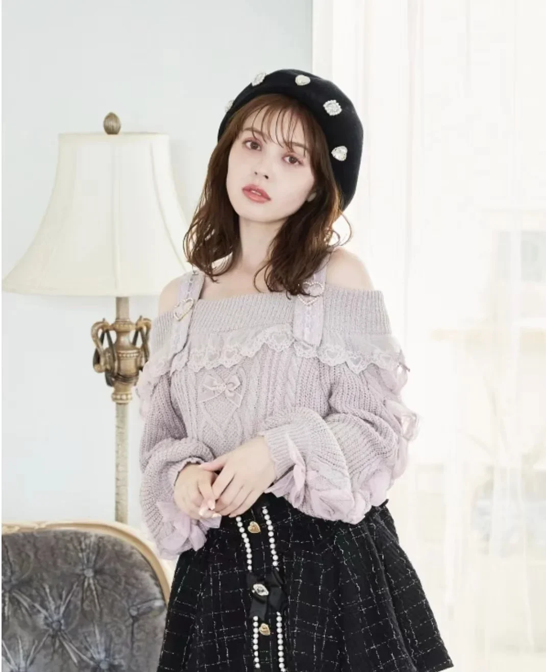 Classic Sweet Off-the-Shoulder Spaghetti-Strap Lace Sweater 2023 Fall Japan Style Sexy Woman Slimming Long Sleeve Knitwear Mujer