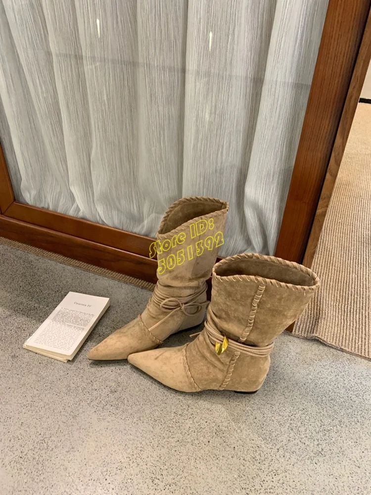 

Height Increasing Metal Buckle Western Booties Sexy Pointy Toe Runway 2026 Winter Autumn Runway Women Dress Shoes Handmade