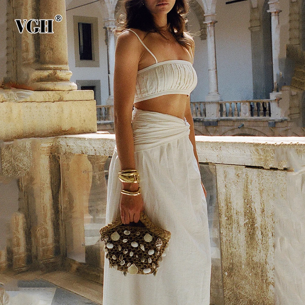 

VGH Temperament Slimming Solid Two Piece Sets For Women Square Collar Sleeveless Top High Waist Long Skirt Casual Set Female New