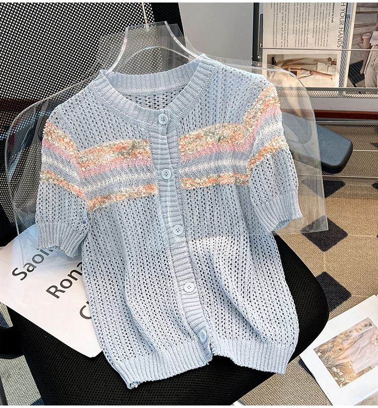 Cardigan maglione lavorato a maglia a righe arcobaleno donna 2025 maglioni estivi scava fuori manica corta monopetto elegante moda maglieria