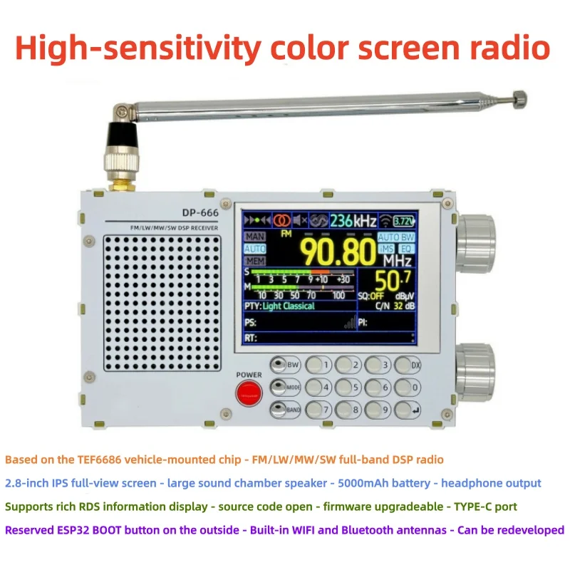 

DP-666 FM/MW/SW/LW DSP Full-Band Radio Multi-functional Portable Radio Receivers High Sensitivity Radio IPS Screen with Battery