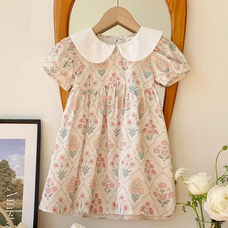 2025 New Summer Sister Clothing 2-7Yrs Kids Princess Dresses Short Sleeved Cotton Flower Print Baby Girl Party Dress