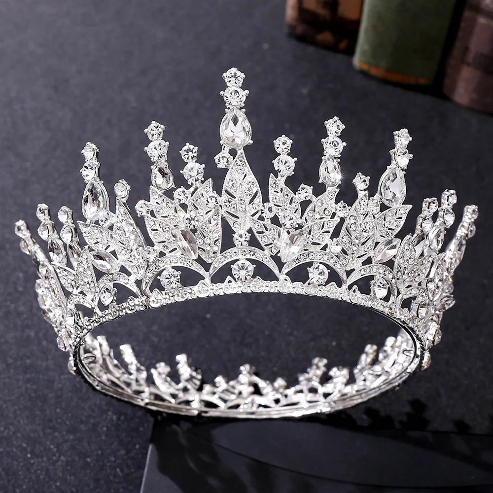 Baroque Luxury Full Rhinestone Round Crown for Women Artificial Crystal Sweet Leaf Tiara Birthday Party Princess Diadem Headwear