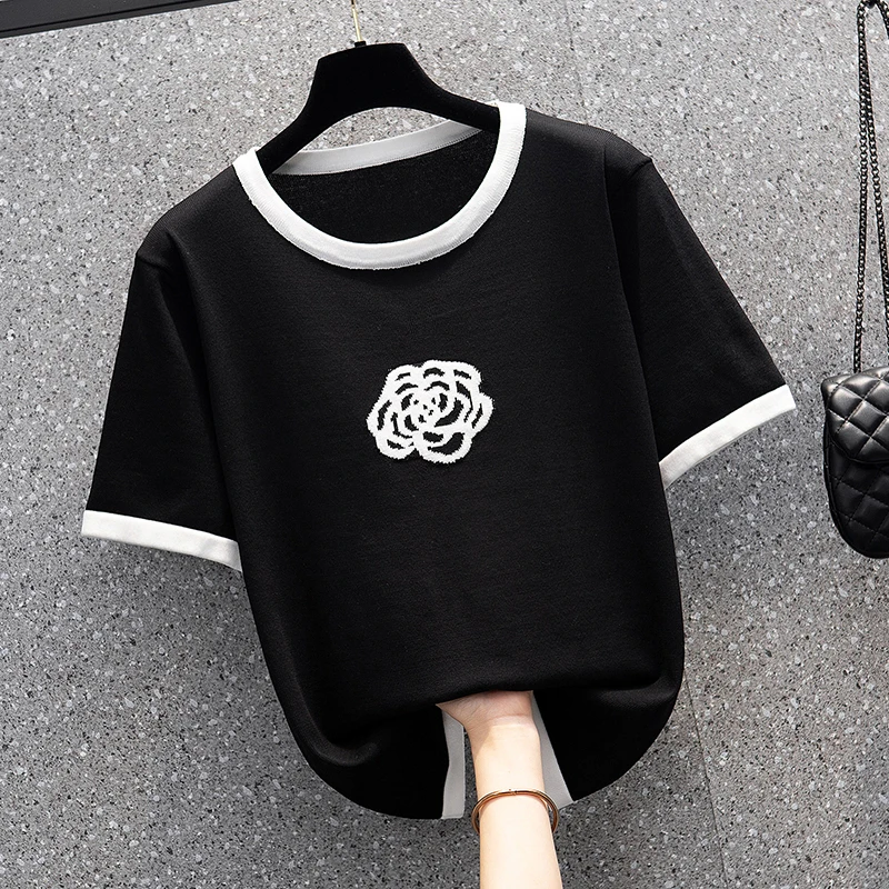 Loose Oneck Sweater Pullover Women Summer Casual short Sleeve size Floral embroidery Sweater For women Female knit top