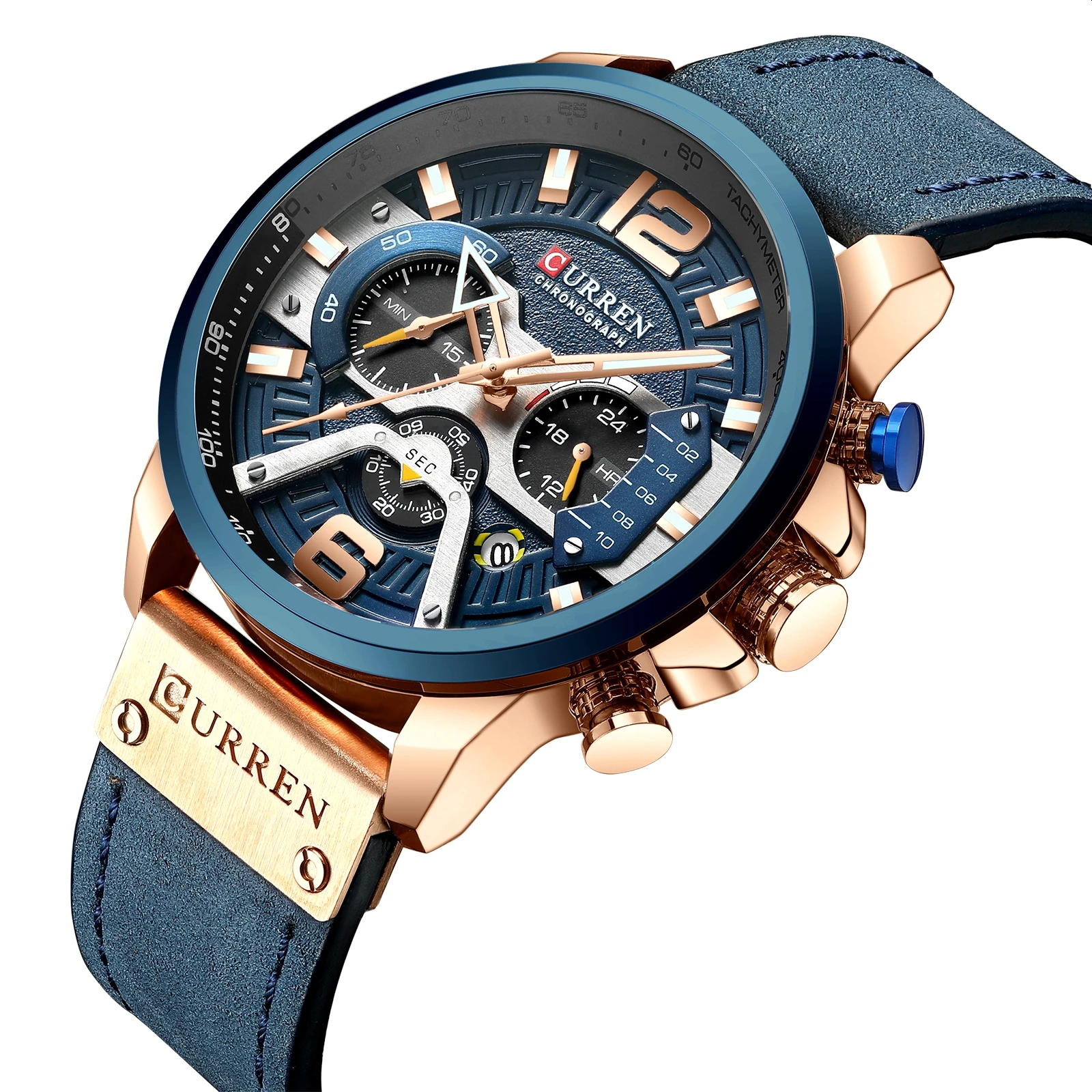 Curren 8329 Men Watch Leather Quartz Waterproof Wristwatch 6-Hand Chronograph Date Casual Fashion Luxury Relogio Masculino