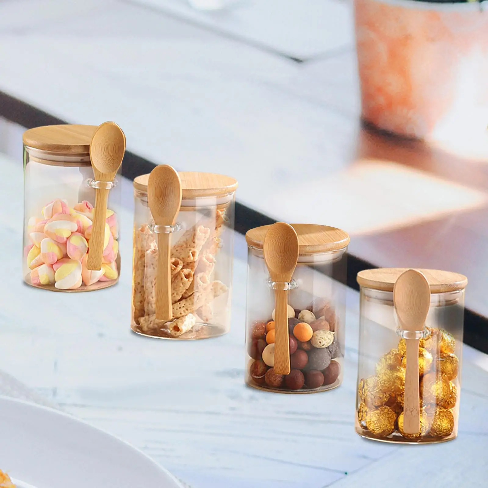 Glass Jars with Wooden Lids and Spoon Set of 4 for Matcha Tea Cookie Sugar