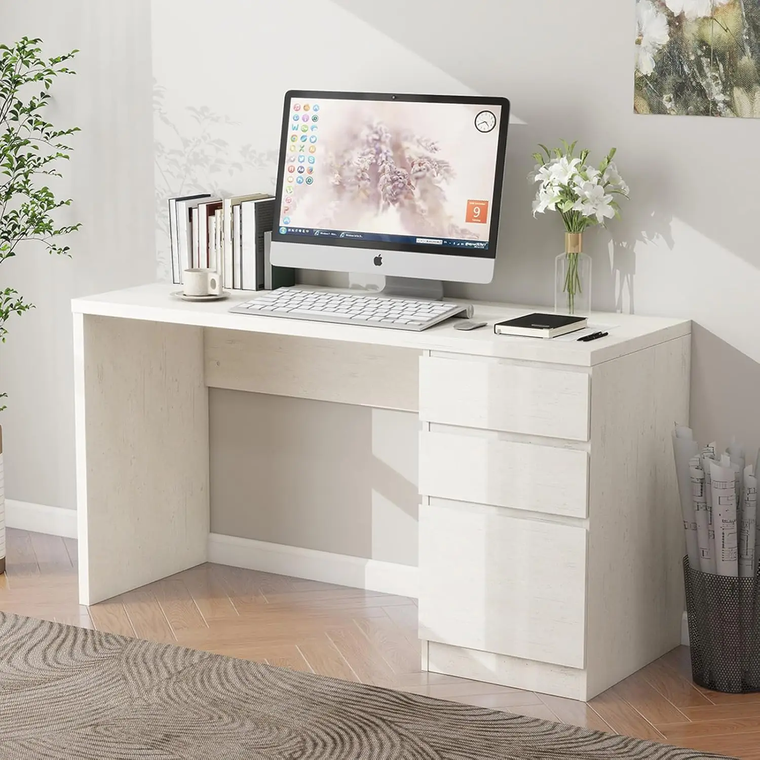 

White Computer Desk with 3 Drawer - 53 Inch Wooden Home Office Writing Desk with Storage File Drawer, Modern Executive Desk for