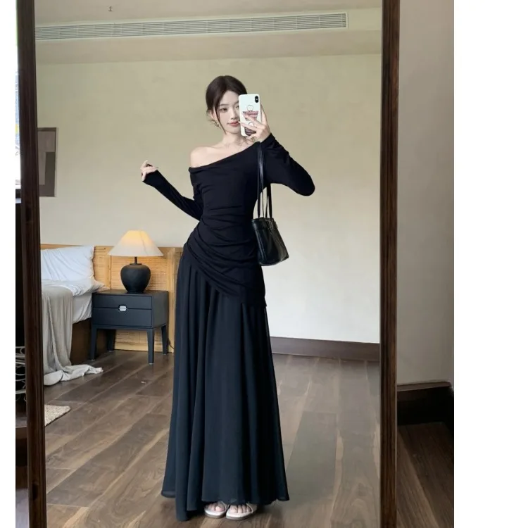

Женское длинное платье больших размеров с длинным рукавом, осеннее, с завышенной талией, А-силуэт, для офиса, в корейском стиле