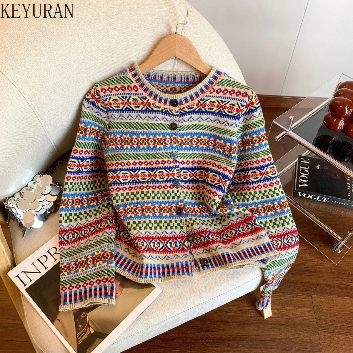 

Винтажный жаккардовый вязаный кардиган в этническом стиле, свитер, женский осенне-зимний новый свободный крой, утягивающий элегантный трикотаж, топы