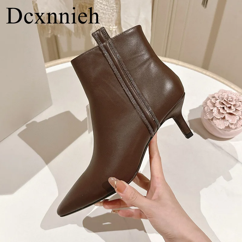 

Pointed Toe Genuine Leather Thin Heels Chelsea Boots Women Beaded Decor Ankle Botas Autumn Winter Retro Side zipper Short Boots