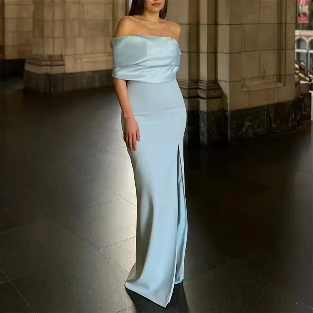 

Simple Sky Blue Evening Formal Dress Off the Shouler Silt Sheath Long Satin Prom Pageant Party Gowns Celebrity Robe De Soriee