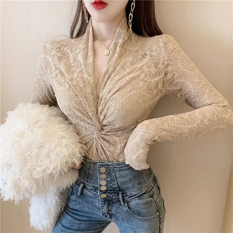 Blouse Women 2024 Sexy Cutout Cross V-neck Long-Sleeved Lace Top for Women Blusas Ropa De Mujer