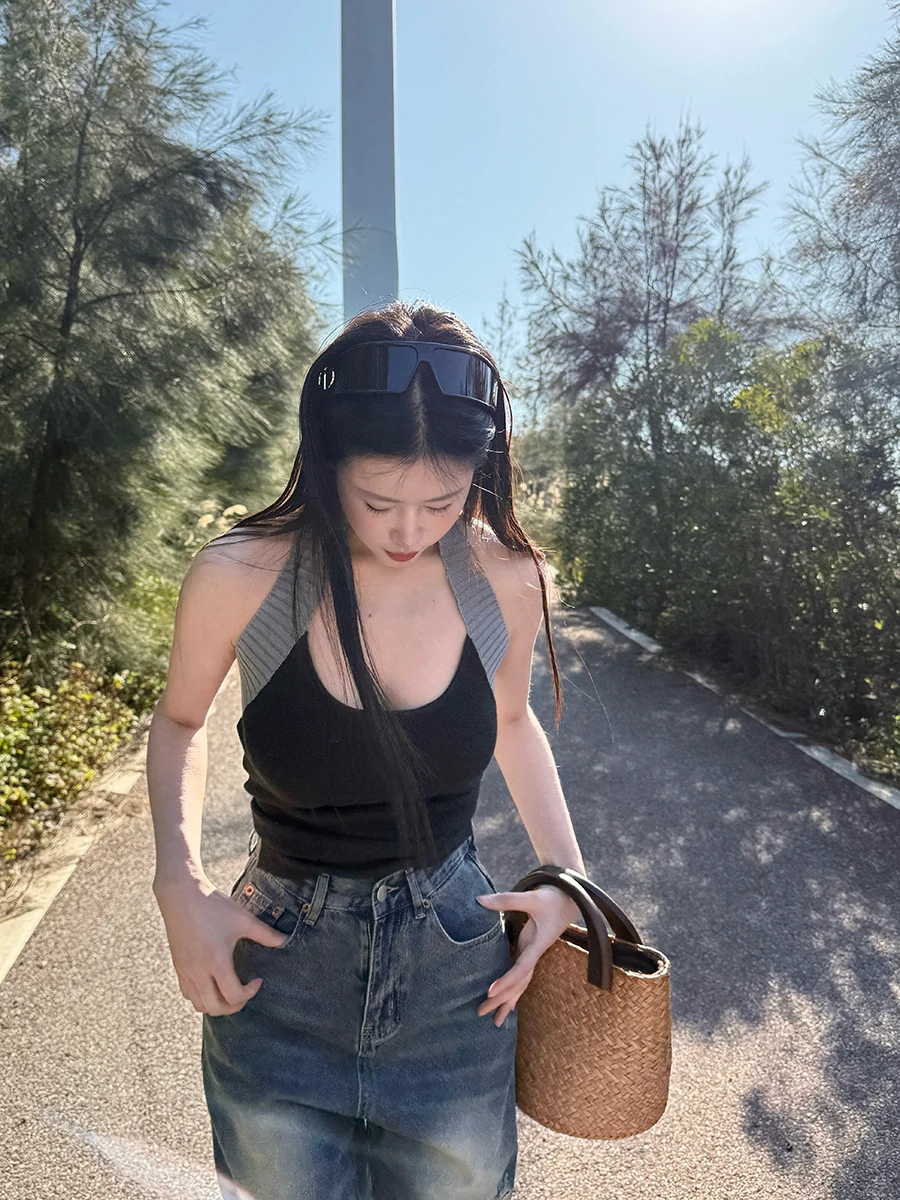 

Вязаный жилет Matou для женщин, облегающий, летний, новый, с цветными вставками, модный, универсальный, без рукавов