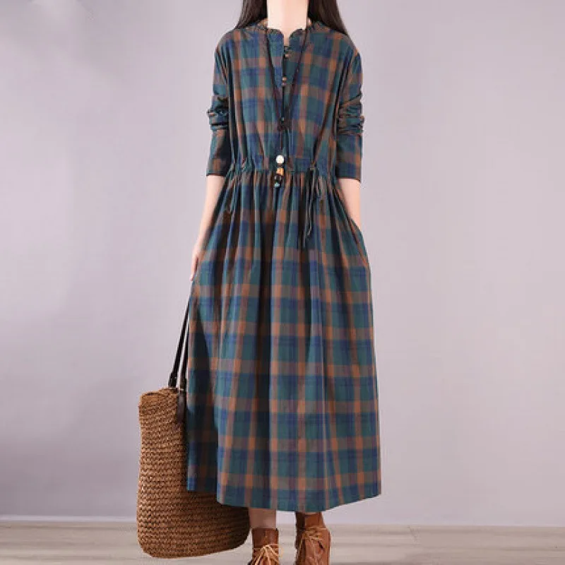 2026 Women Plaid Cotton Linen Maxi Dress Long Sleeve V Neck Drawstring Waist Loose Casual Long Dress With Pockets
