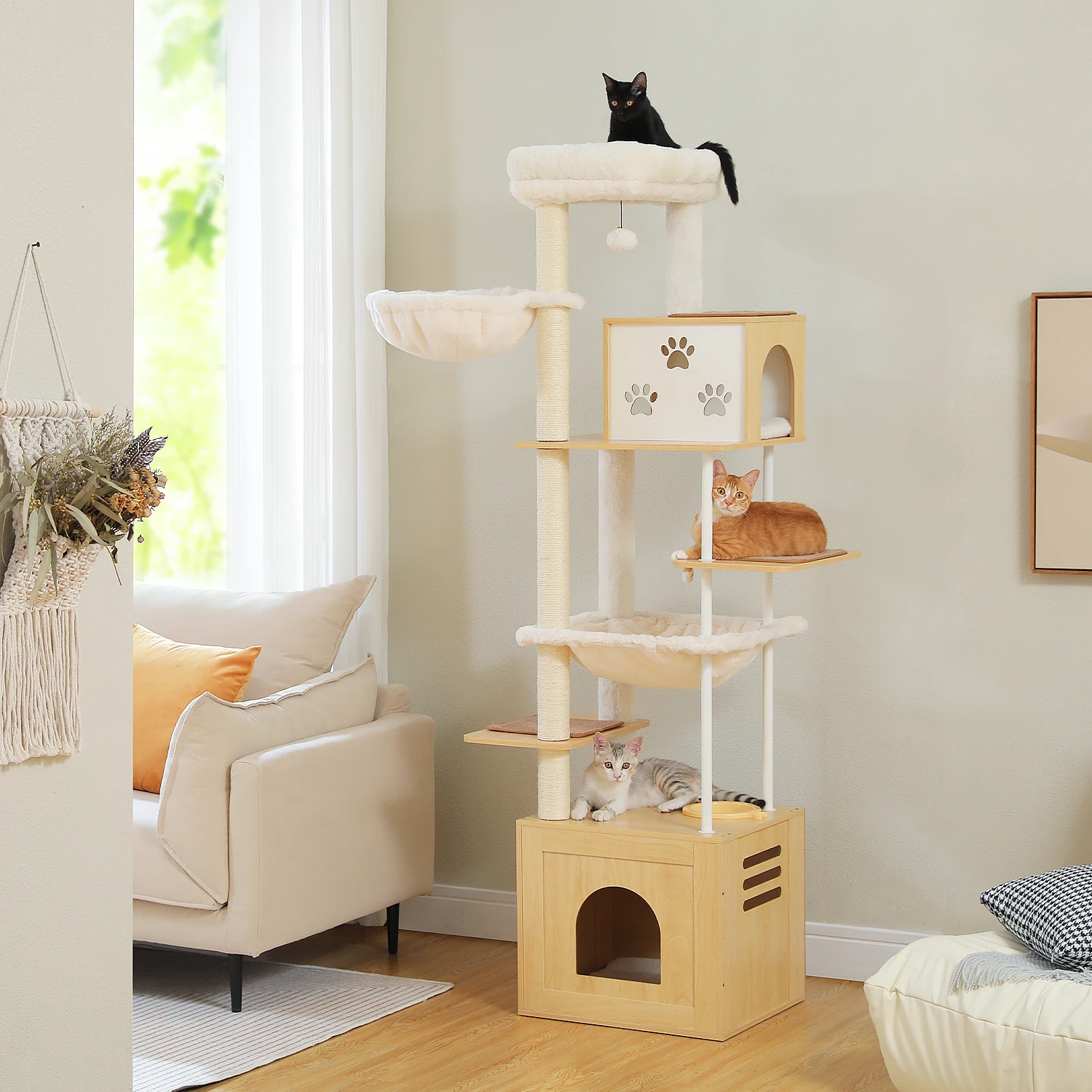 

Large Cat Tree with Sisal Posts, Wooden Tower with Large Condos and Hammocks, Modern Cat House with Spacious Perch for Indoor