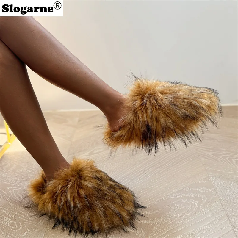 2024 Vrouwen Winter Wasbeer Bont Slippers Warme Pluche Slides Meisjes Luxe Harige Nepbont Slippers Thuis Katoenen Schoenen Indoor Bont Glijbaan